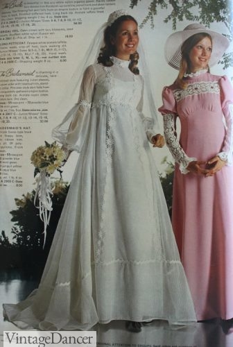 1973 wedding dress and pink bridesmaid dress