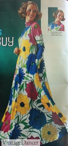 1973 flower hostess dress, 70s caftan dress