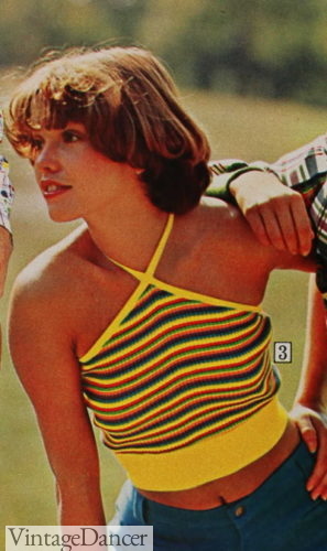 1970s knit stripe halter neck crop top 70s fashion clothing