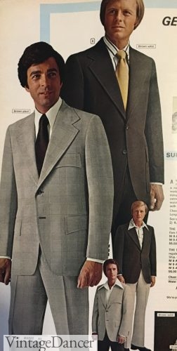 1973 mens 1970s grey or brown suits (notice the shaped pockets)