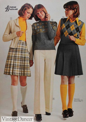 1970s teen outfits knee length pleated skirts 1973