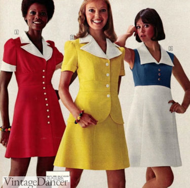 1970s double knit mod short dresses with big white collars 1974