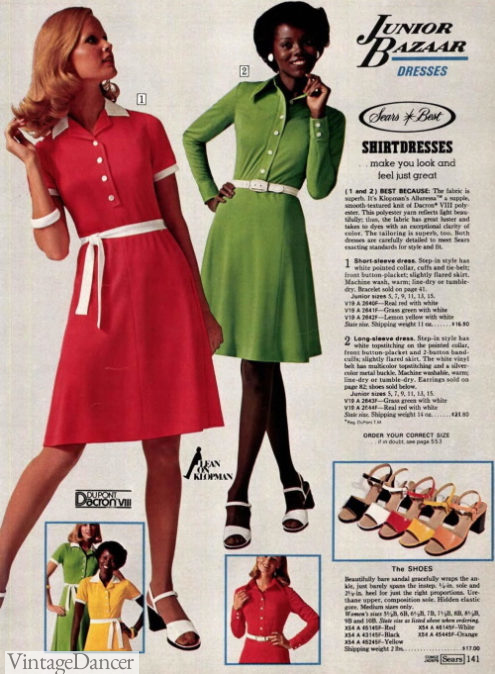 1970s simple tie-waist shirt dresses and sandal heels for teens girls women 1975