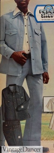 1975 mens 70s light blue denim leisure suit