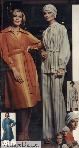 1976 wrap dress and tunic pantsuit with turban hat