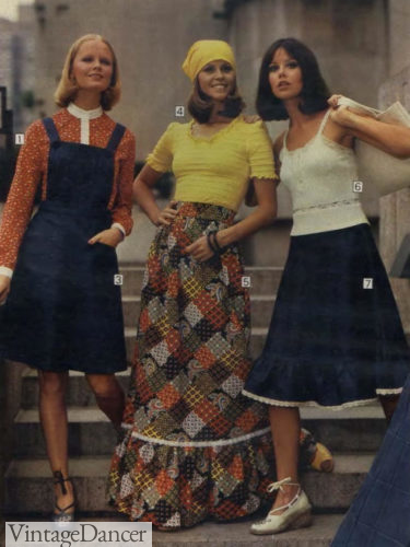 1970s fashion denim and 70s patchwork skirts 1976