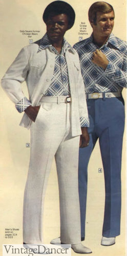 1970s mens fashionw hite suit pants and shirt. Football players.