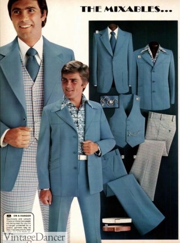 1977 men 70s suit separates in blue or grey windowpane