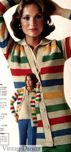 1970s cardigan sweater fashion women, 1977 cardigan sweater