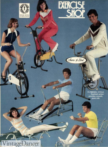 70s workout clothes at the home gym men and women