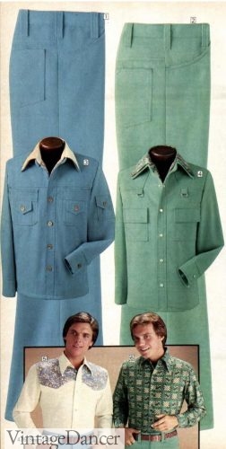 1977 mens 70s sky blue and pimento green leisure suits