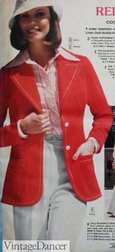 70s jackets for pantsuits, blazer in red with white buttons