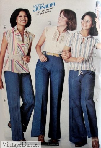 70s outfit idea: 1977 flare jeans with peasant tops