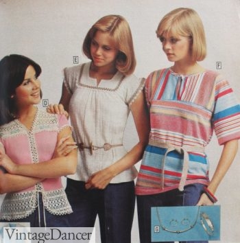 1970s peasant tops, crochet trim shirts 1970 teen girls women fashion history
