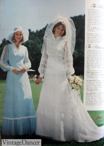 1970s wedding dress and blue bridesmaid dress