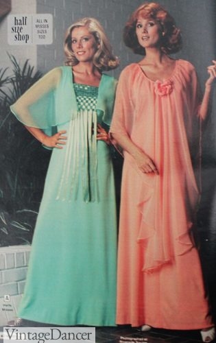 1970s evening gowns 1987 long formal dress styles in green or coral