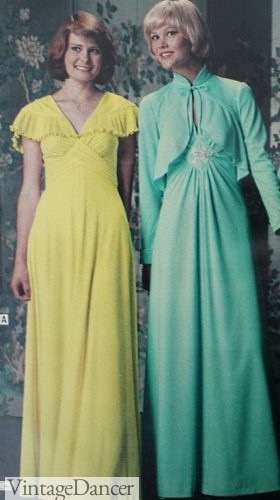 70s evening dress party gowns yellow and teal