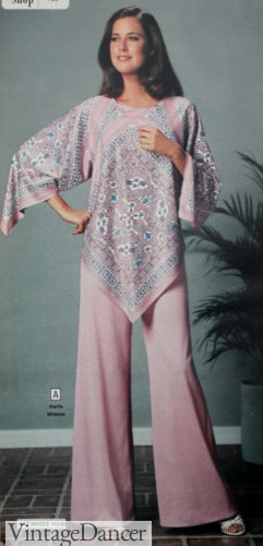 1970s dressy wide leg pants paisley print outfit 1978