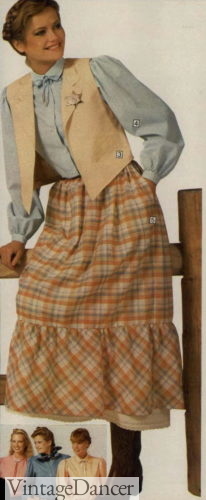 1979 western/prairie style womens 70s fashion skirt vest blouse bolo tie