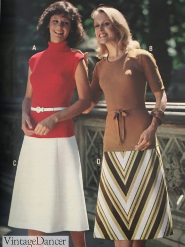1970s fashion 1979 A-line and chevron print skirts 70s clothes