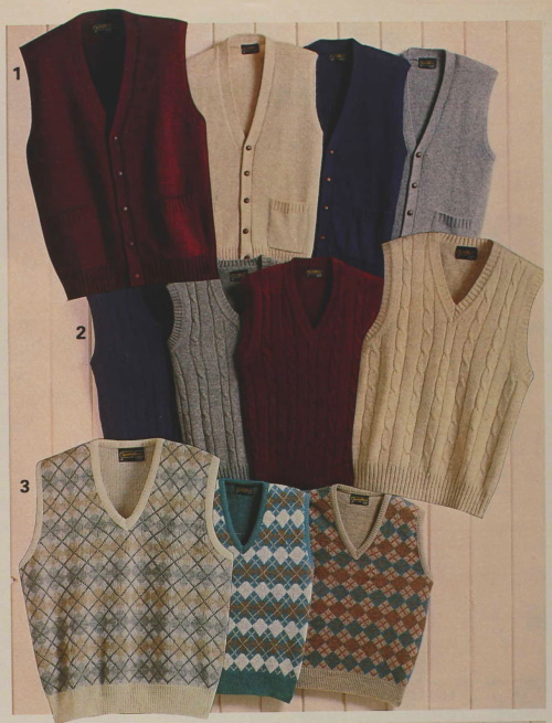 1980s mens classic sweater vests, jumpers, Plain colors, smooth or cable knit, and argyle sweater vests at VintageDancer