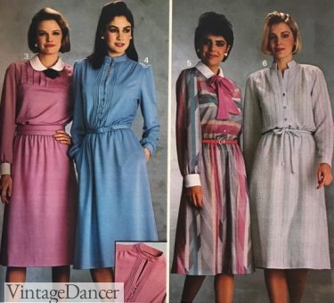 80s fashion dresses, 1985 office friendly shirt dresses and pop overs