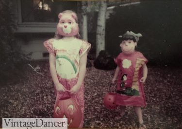 Vintage 80s Halloween costumes for girls - Care Bear and Lucy from Peanuts. Copyright Debbie Sessions, Vintagedancer.com