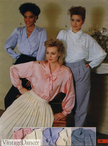 1985 silk blouses, pleated skirt or pants 80s fashion 