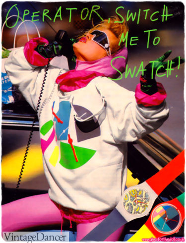 What are some styles from the 80s? 1985 Swatch ad with logoed Sweatshirt