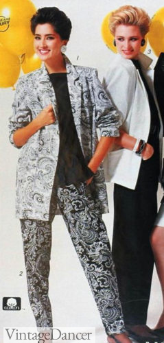 What are some styles from the 80s? 1986 paisley print pants women black and white outfits