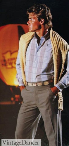 1986 mens preppy sweater over shoulders fashion trend at VintageDancer