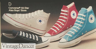 1980s women and mens vintage sneakers converse shoes color high low. What shoes to wear with an 80s outfit? Converse high tops.