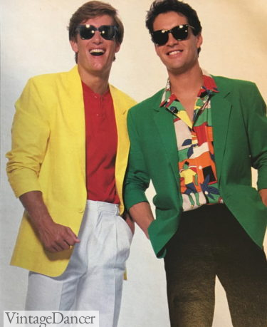 80s guys outfit with sportcoat or blazer and colorful shirts