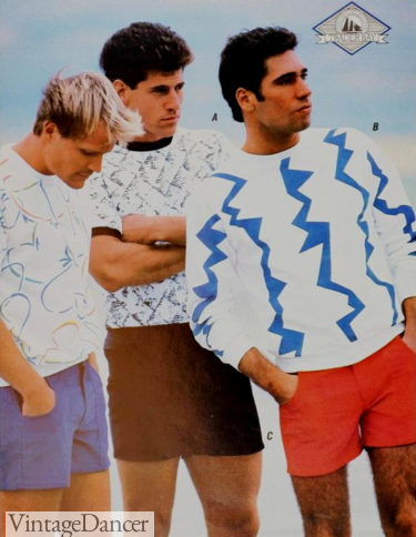 1987 guys colored twill shorts T-shirts at VintageDancer