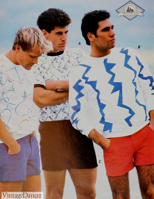 1987 guys colored twill shorts T-shirts at VintageDancer