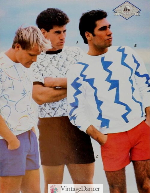 1987 guys colored twill shorts T-shirts at VintageDancer