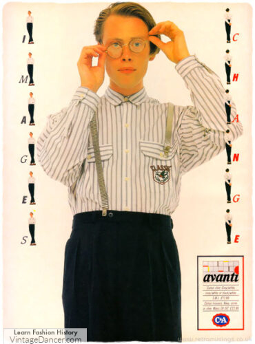 80s nerd, 1987 mens guys striped shirt, suspenders and black trousers pants 1980s nerd fashion clothing
