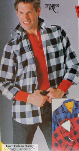 1981s mens casual outfit with normal clothing- flannel shirt, Henley shirt, pants