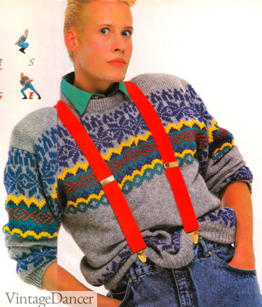 1987 red clip on suspenders with jeans and a winter sweater at VintageDancer