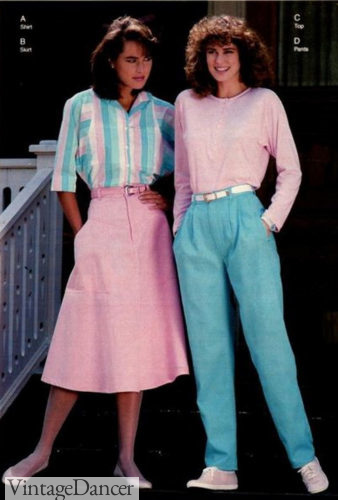 What do 80s clothes look like? 1987 teal pants and pink A-line skirts with shirts