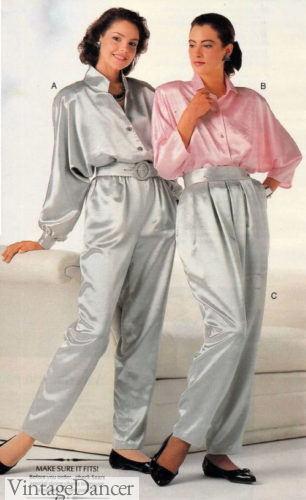 1980s satin silver pants and matching blouses women