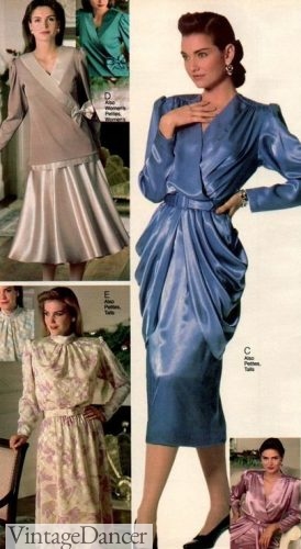 1980s party dress styles 1988 satin ruched dress, drop waist dress, floral modest dress 80s fashion for women