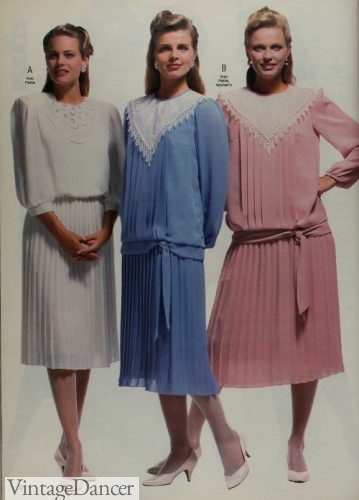 1989 pleated drop waist dresses with lace yokes