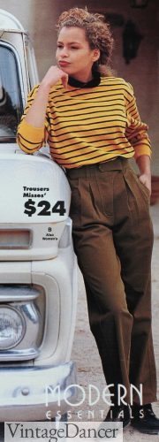 1990 striped knit shirt with cotton pleated pants and loafers