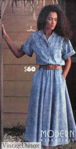 1990 denim shirtwaist dress and brown belt