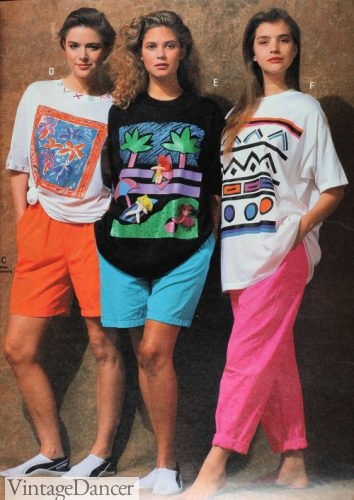 1980s neon outfit girls women teens 1990 neon shorts or pants with beach theme t-shirts