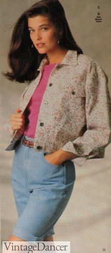 1991 floral denim jacket with blue denim jeans and a pink shirt