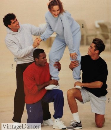 19990s workout clothes, 90s sweatshirts, 1992 sweatshirts and sweatpants and shorts