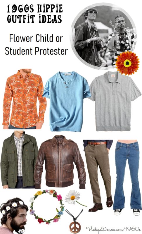 60s Men's Hippie Outfit Ideas Flower Child protester peace love at VintageDancer 