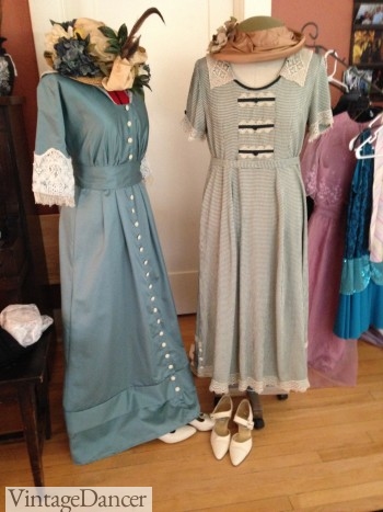 DIY Titanic dress costumes- My friend's two thrifty dresses. (L) A bed sheet was used to sew this dress from a 1900s pattern. (R) An '80s prairie type dresses was trimmed with lace to give it a bit more 1910s day dress style. 